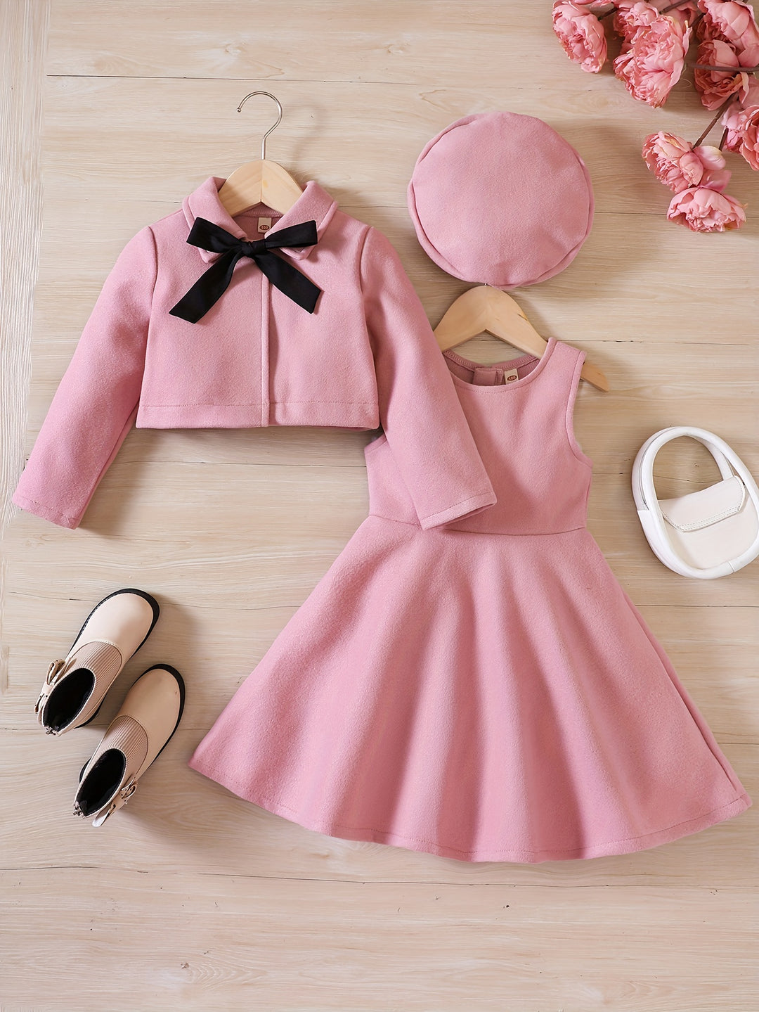 Girl's Elegant Outfit 3pcs, Bowknot Coat & Beret & Tank Dress Set, Kid's Clothes For Spring Autumn Christmas