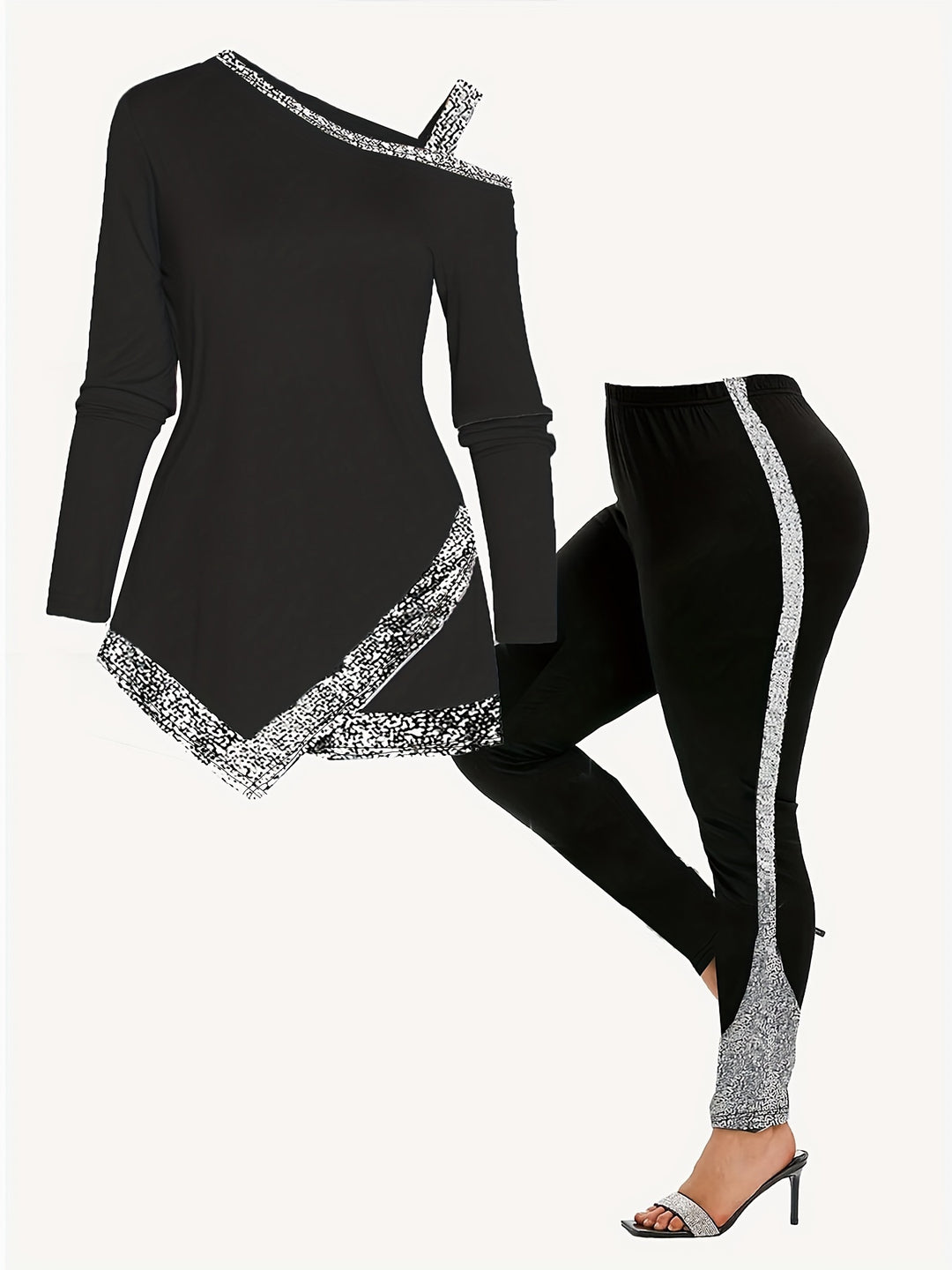 Plus Size Casual Outfits Set, Women's Plus Sequin Tape Cold One Shoulder Asymmetrical Hem Top & Pants Outfits 2 Piece Set