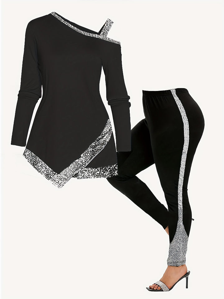 Plus Size Casual Outfits Set, Women's Plus Sequin Tape Cold One Shoulder Asymmetrical Hem Top & Pants Outfits 2 Piece Set