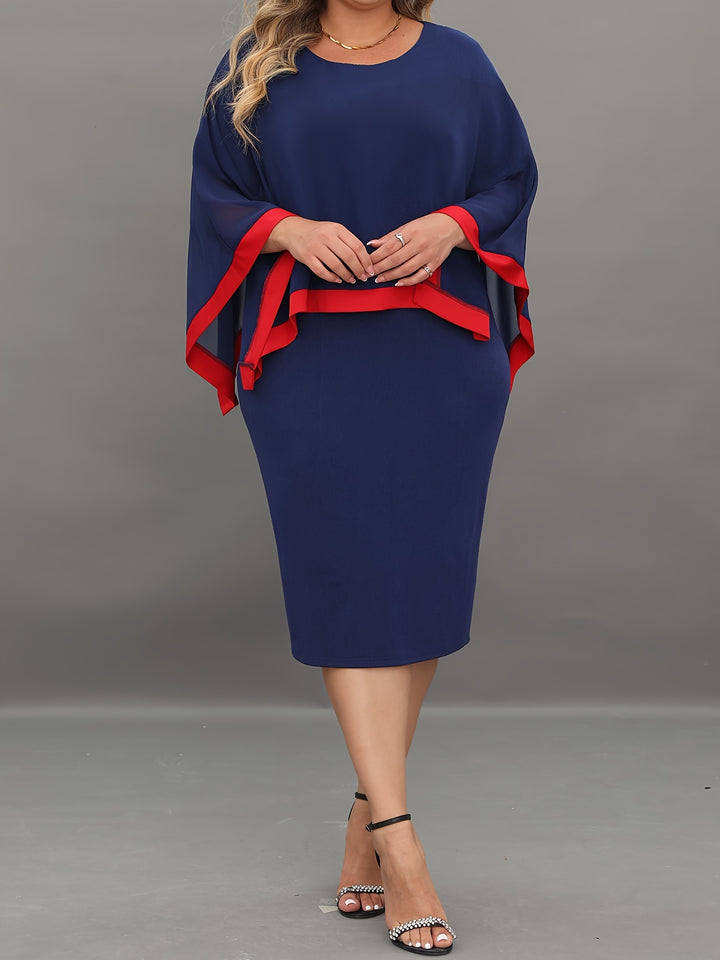 Elegant Plus Size Bodycon Dress with Cape Sleeves and Contrast Trim, Perfect for All Seasons, Women's Plus Size Clothing