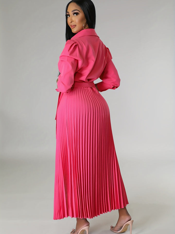 Solid Pleated Dress, Elegant Knotted V Neck 3/4 Sleeve Dress, Women's Clothing