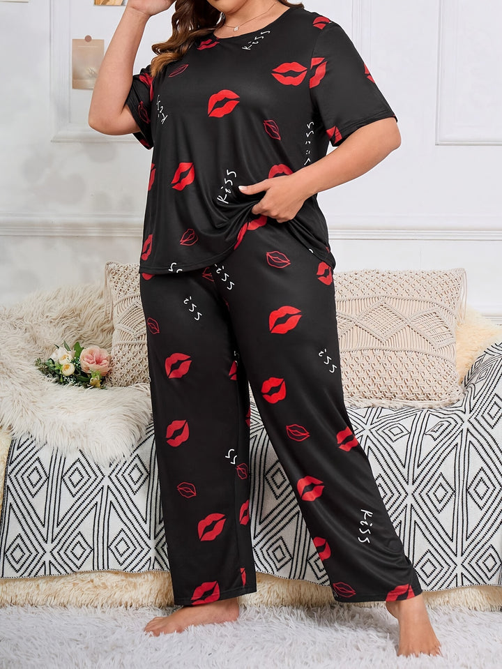 Women's Valentine's Day Casual Lounge Set, Plus Size Kiss & Letter Print Short Sleeve Top & Pants Pajamas 2 Piece Set