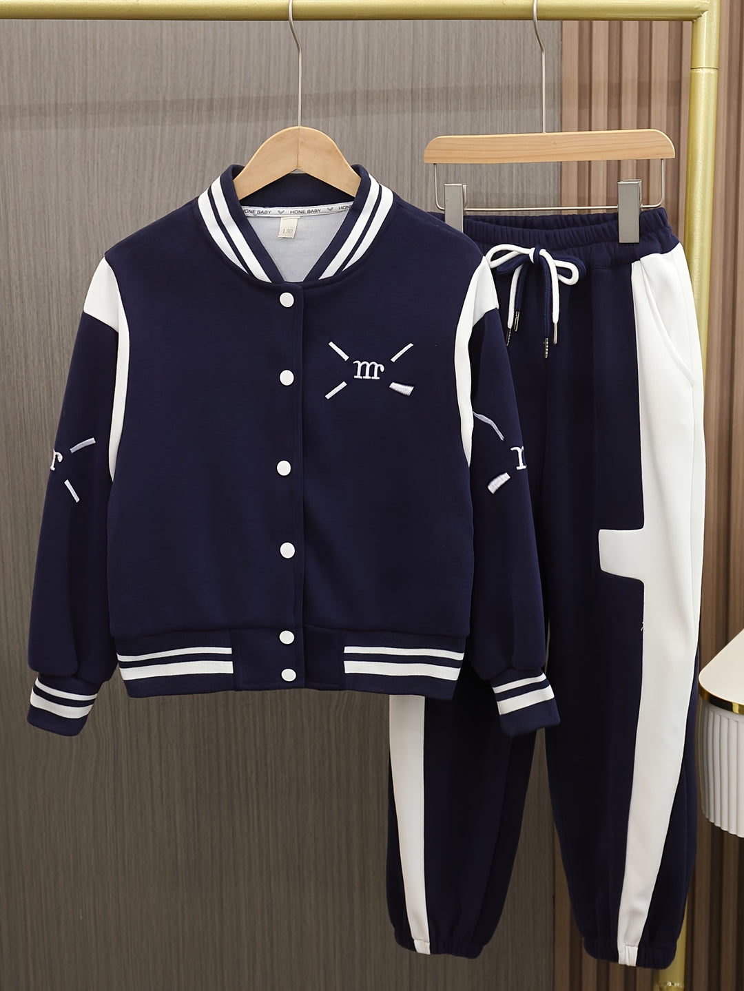 2pcs Girl's Varsity Jacket Outfit, Bomber Jacket & Sweatpants Set, Color Clash Coat, Kid's Clothes For Spring Fall Outdoor