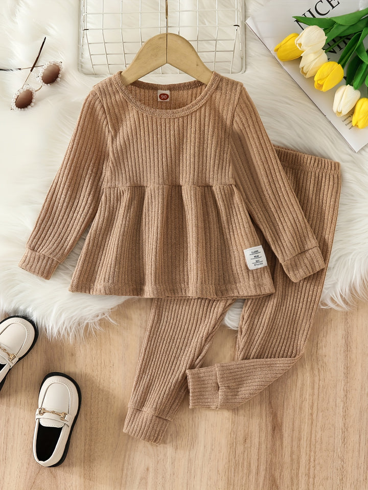 Toddler Girls Ribbed Long Sleeve Flared Hem Top + Matching Pants Kids Clothes