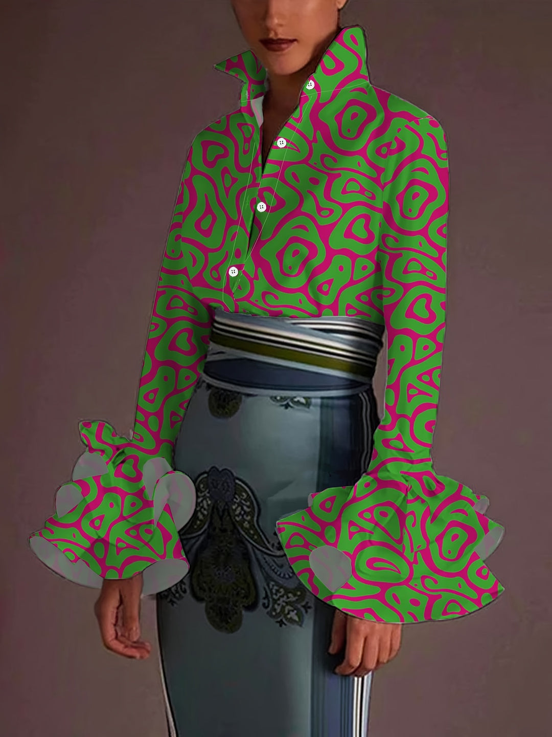 Plus Size Elegant Blouse, Women's Plus Solid Button Up Layered Sleeve Turn Down Collar Blouse