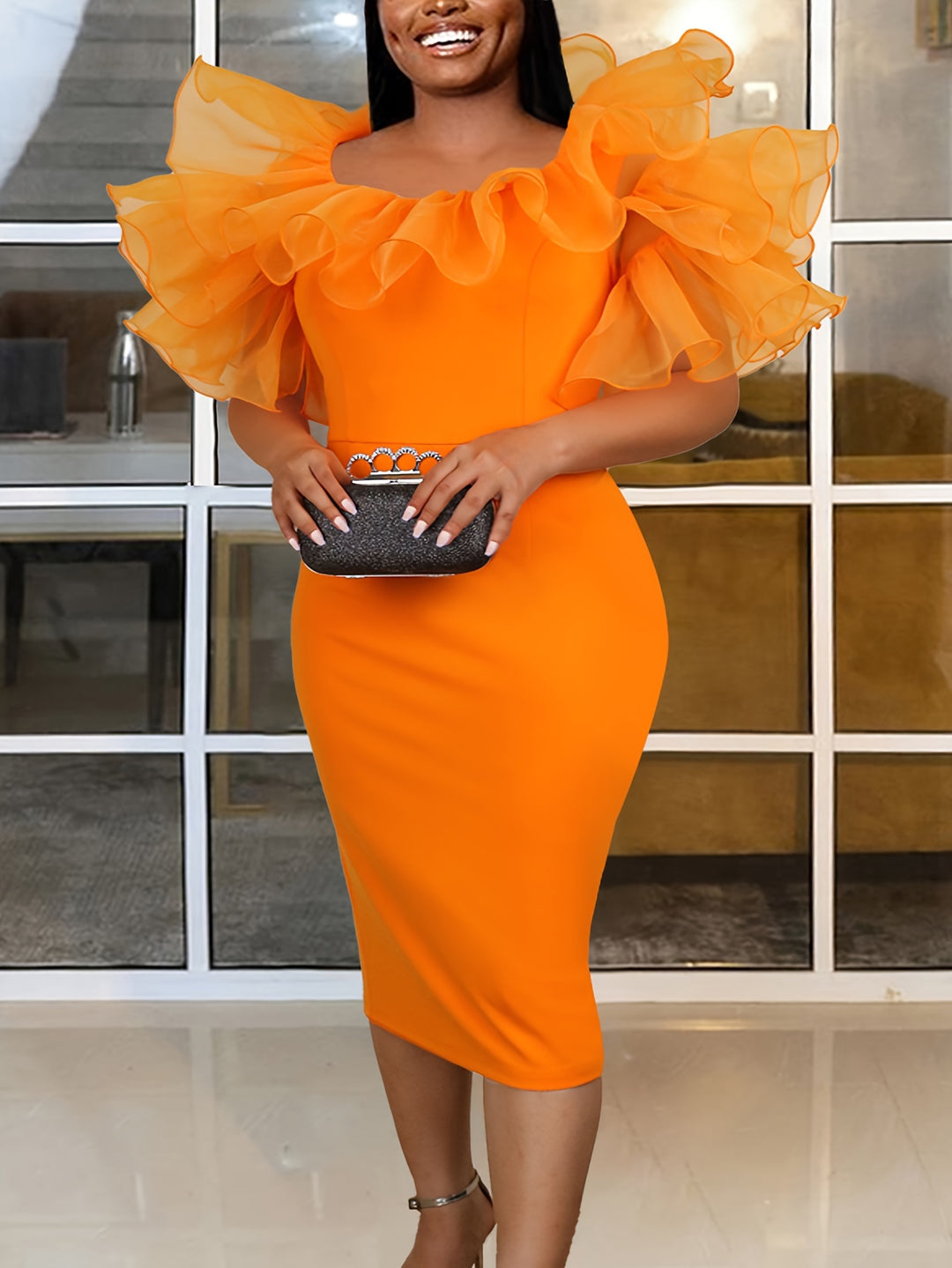 Plus Size Elegant Dress, Women's Plus Solid Exaggerated Frilly Sleeve Round Neck Bodycon Midi Dress