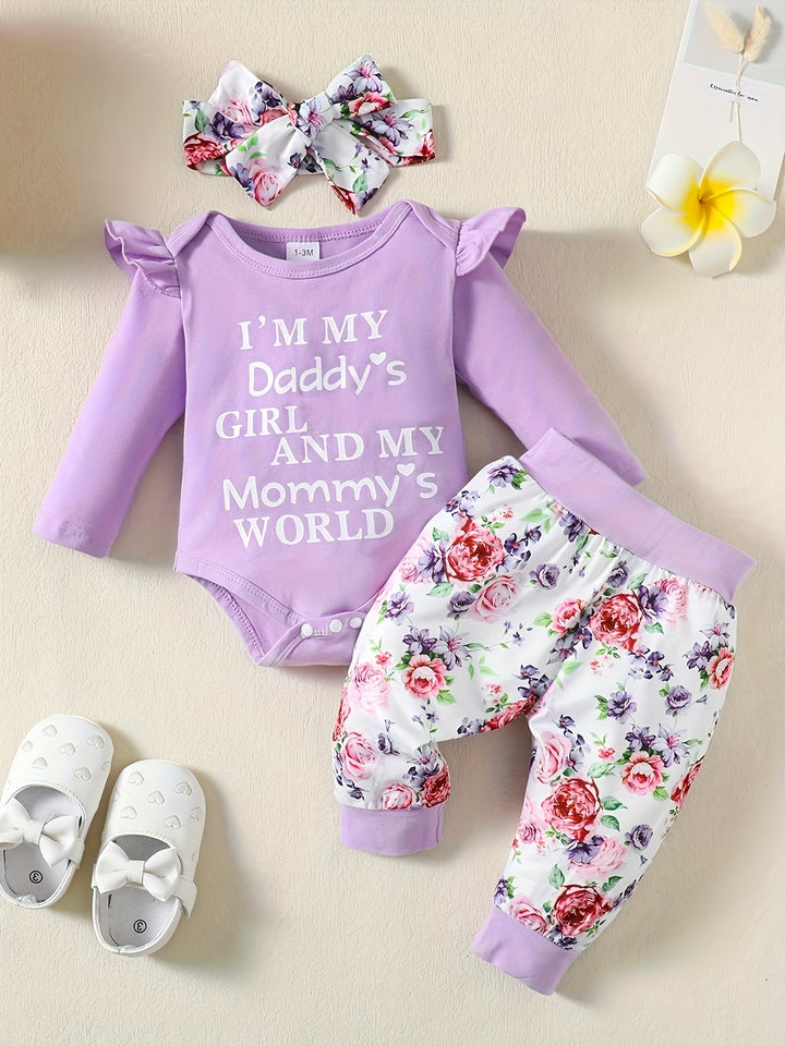 Infant Baby Comfy & Cute Outfit - Letter Graphic Romper + Floral Print Pants + Headband  Set