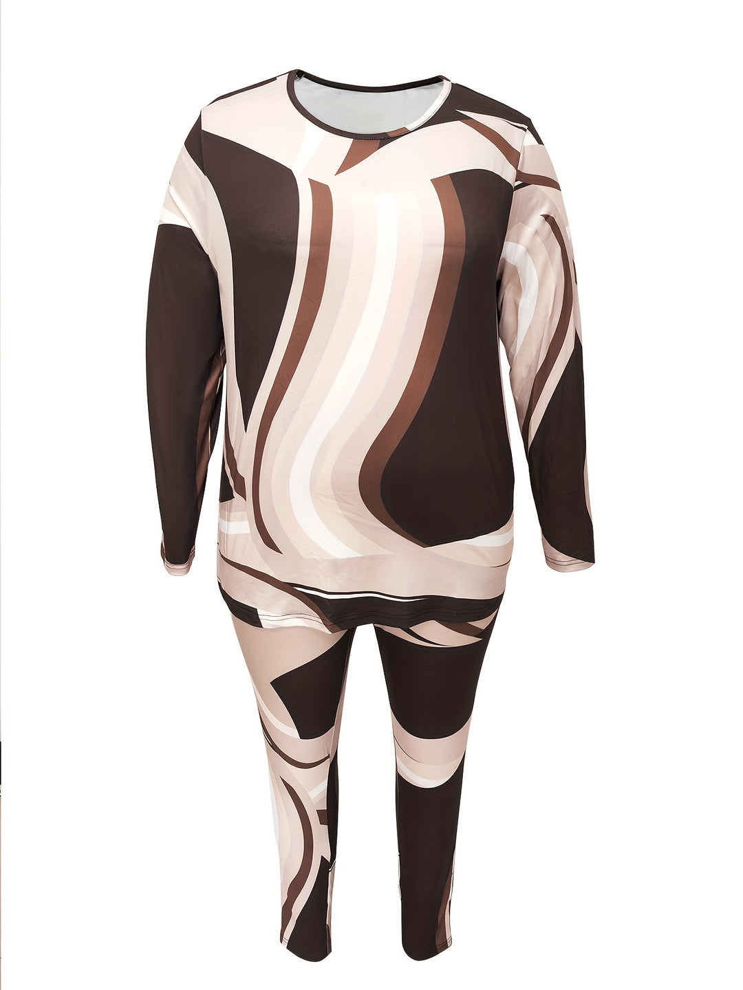 Plus Size Casual Outfits Set, Women's Plus Graphic Print Long Sleeve Round Neck Tee & Leggings Outfits 2 Piece Set