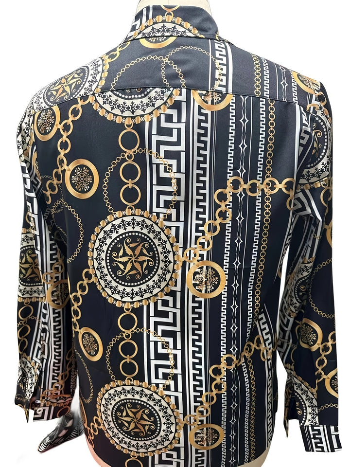 Graphic Print Elegant Shirt, Men's Casual Button Up Long Sleeve Shirt For Summer Fall Business Beach Resort