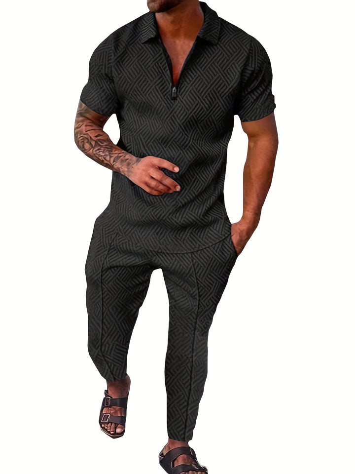 Men's 2Pcs Outfits Top & Pants Set, Casual Short Sleeve Shirt And Tapered Pants Set, Men's Clothing