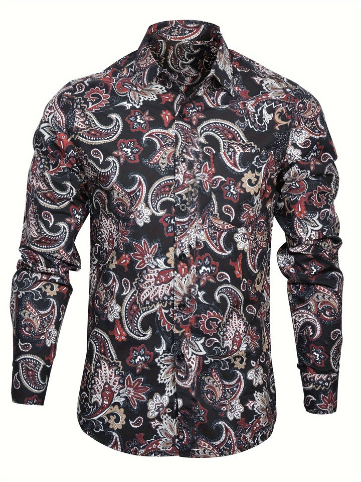 Stylish Paisley Pattern Men's Long Sleeve Button Up Shirt For Spring Fall, Men's Banquet Dress, Gift For Men