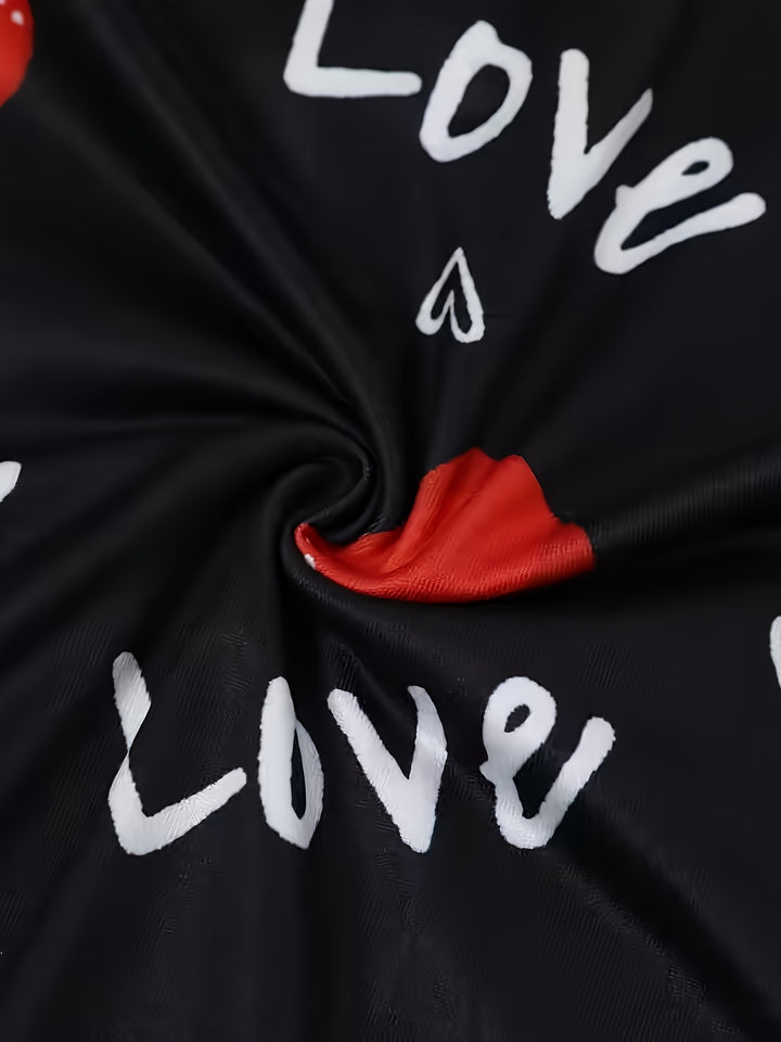 Plus Size Valentine's Day Sexy Sleepwear Jumpsuit, Women's Plus Heart & Letter Print Long Sleeve V Neck Butt Button Back Flap Home Wear Romper