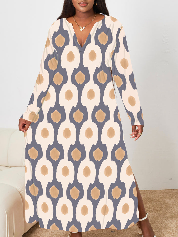 Plus Size Casual Dress, Women's Plus Allover Print Long Sleeve V Neck Split Hem Loose Fit Maxi Dress