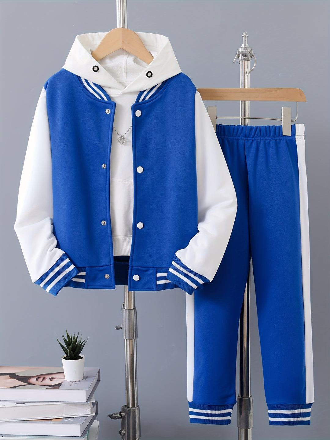 2pcs Boy's Varsity Jacket Outfit, Button Front Coat & Sweatpants Set, Color Clash Bomber Jacket, Kid's Clothes For Spring Fall Winter