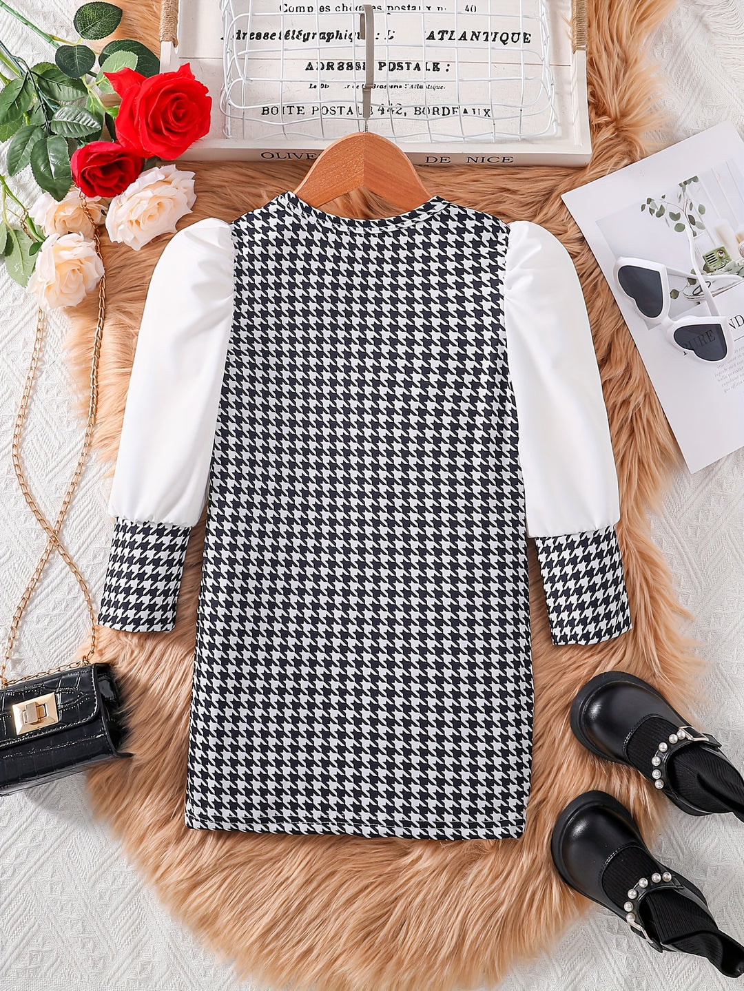 Toddler Girls Elegant Houndstooth Pattern Dress Long Sleeve Dresses For Spring And Autumn, Party, Everyday