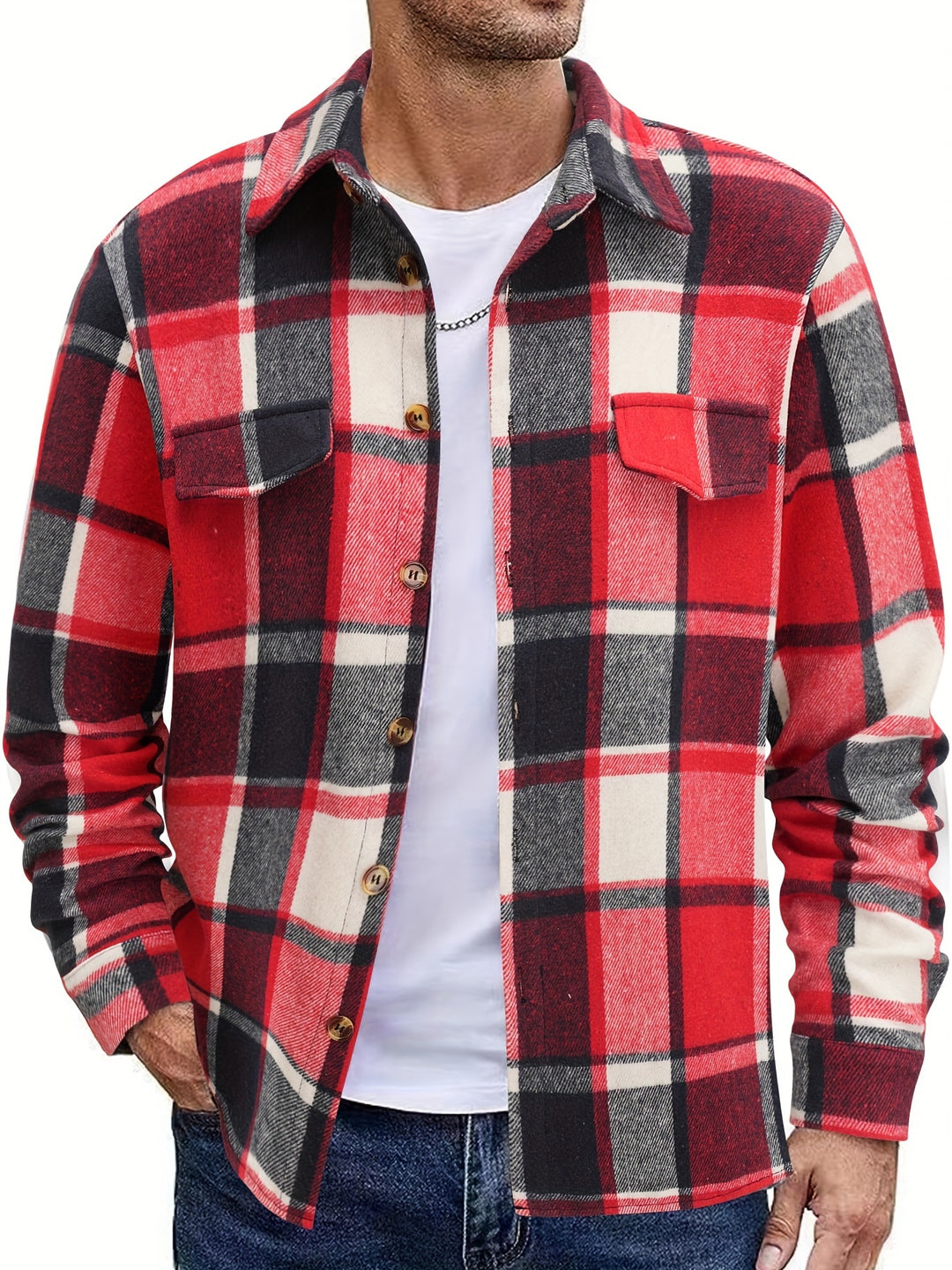 Retro Plaid Pattern Men's Casual Long Sleeve Lapel Shirt Jacket With Pocket Design, Fall Winter Outwear For Men