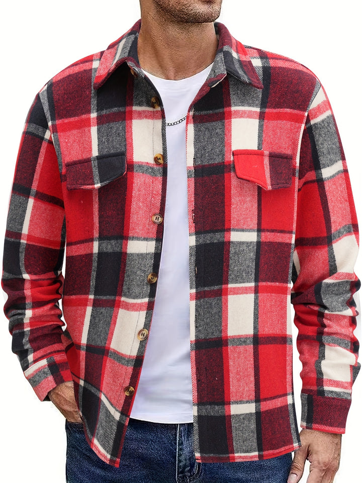 Retro Plaid Pattern Men's Casual Long Sleeve Lapel Shirt Jacket With Pocket Design, Fall Winter Outwear For Men
