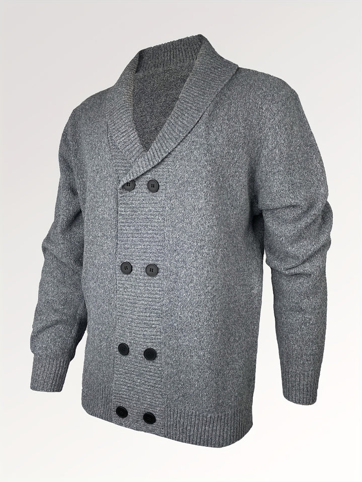 Men's Shawl Collar Cardigan Double Breasted Sweater, Plain Regular Fit Casual Knitted Sweater