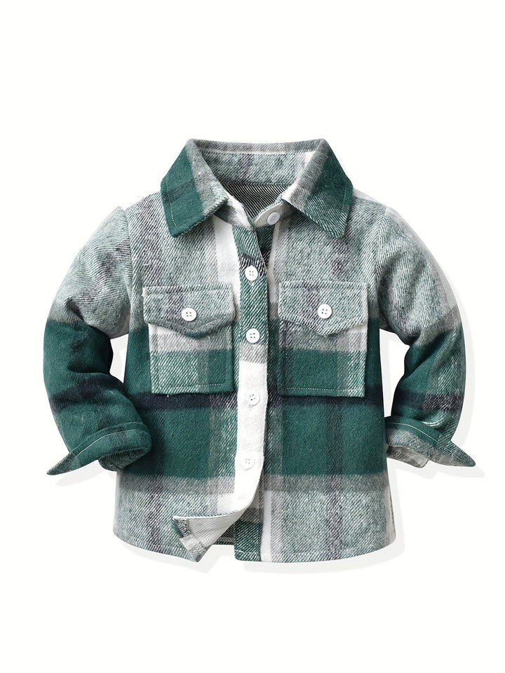 Little Kids Plaid Jacket Stitching Color Long Sleeve Button Down Flannel Preppy Shirt Autumn Coat Outwear For Kid