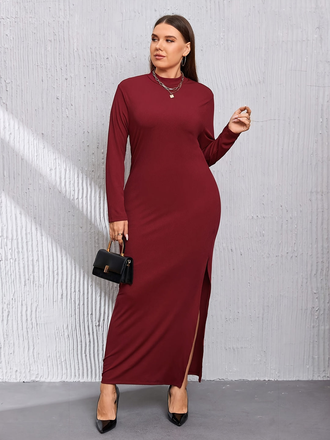 Elegant Plus Size Dress for Women - Long Sleeve Bodycon with Side Split and Mock Neck