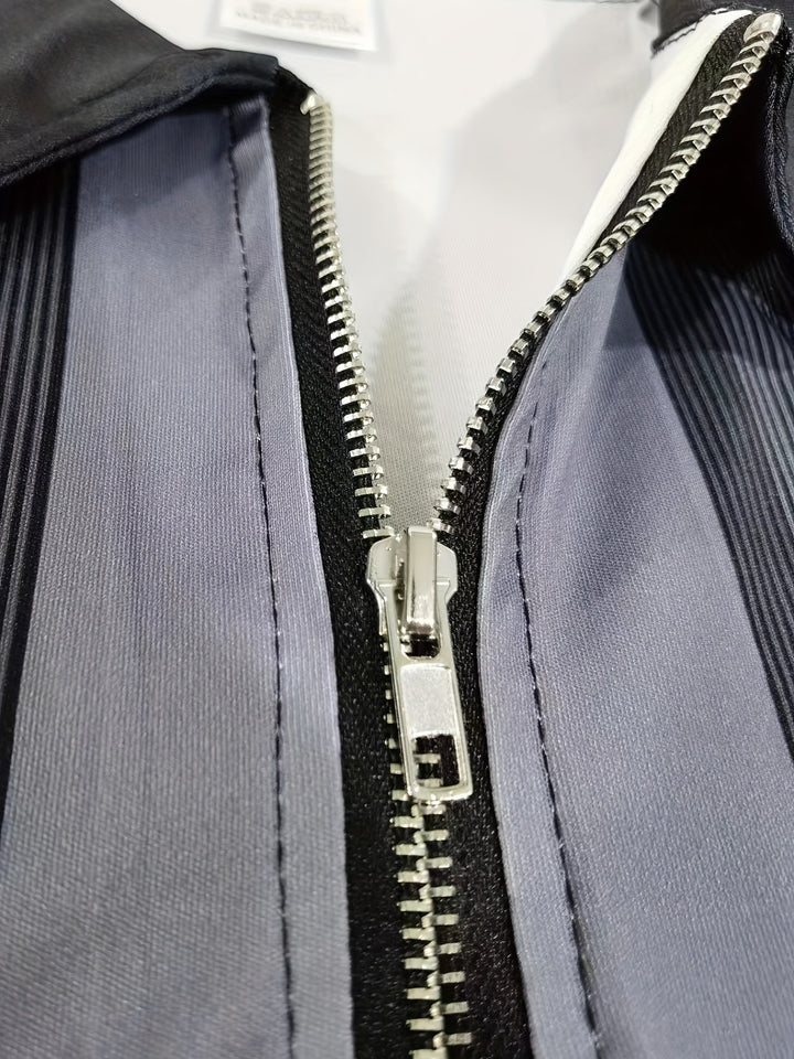 Color Block Pattern 3D Print Men's Casual Short Sleeves Zipper Graphic Shirts, Lapel Collar Tops Pullovers, Men's Clothing For Summer
