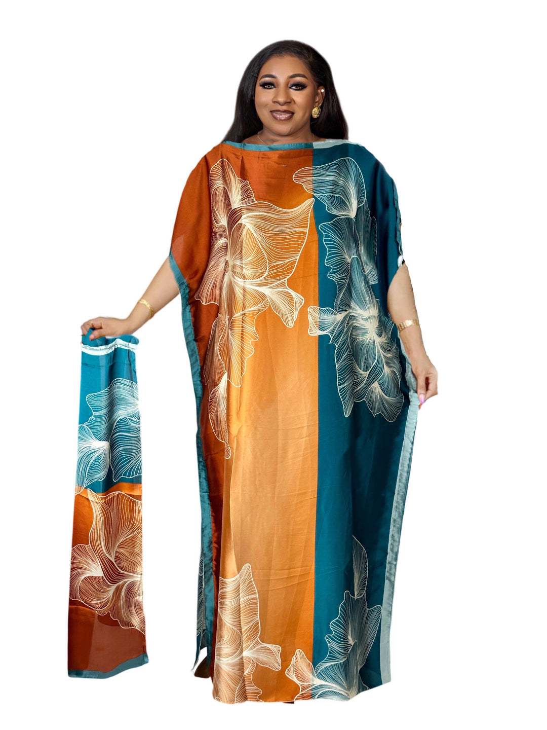 Plus Size Modest Kaftan Dress, Women's Plus Colorblock Floral Print Batwing Sleeve Round Neck Maxi Dress