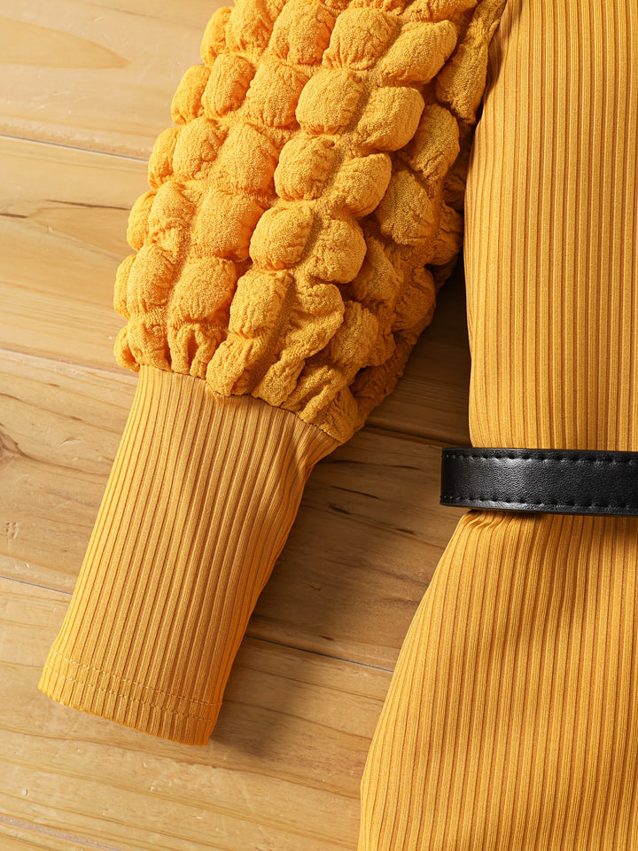 Toddler Girls Bubble Long Sleeves Gorgeous Rib Knit Tunic Dress (Belt Is Not Included)