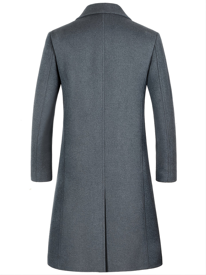 Men's Mid Length Lapel Solid Color Wool Coat, Winter Warm Soft Outdoor Windbreaker Jacket