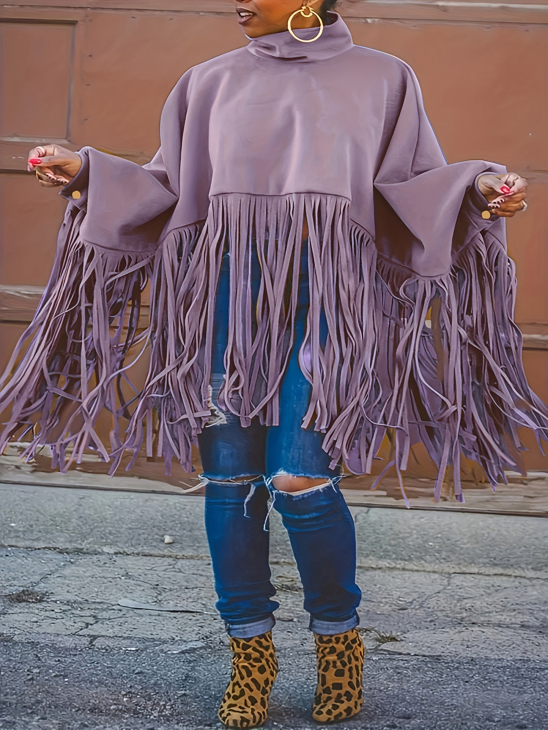 Plus Size Trendy Top, Women's Plus Solid Batwing Sleeve Mock Neck Fringe Trim Cloak Top