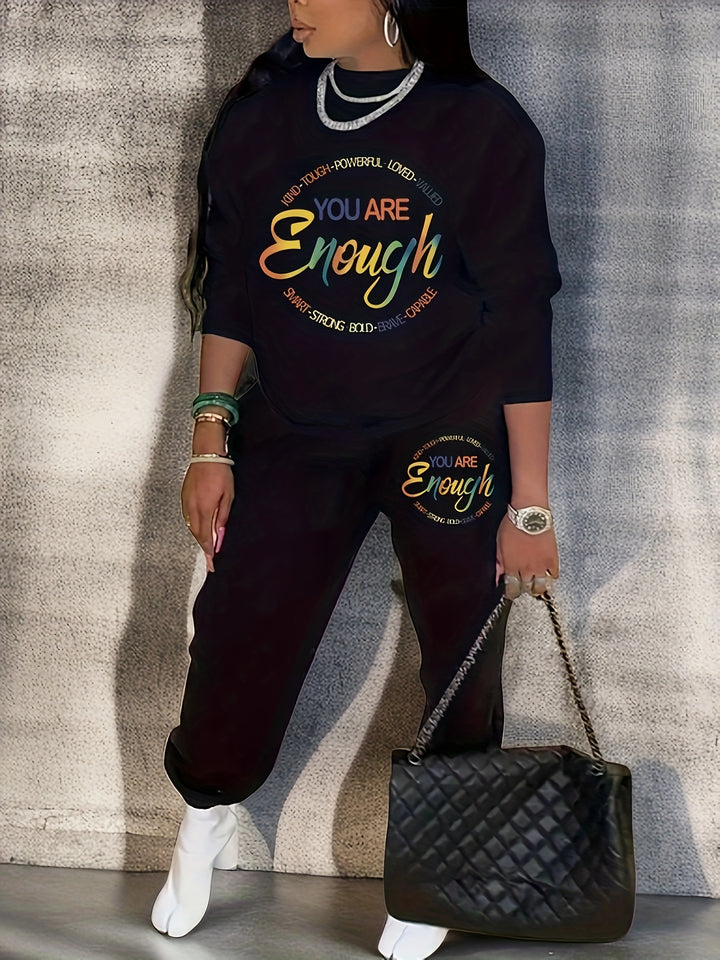 Plus Size Casual Outfits Set, Women's Plus Ombre Slogan Print Long Sleeve Round Neck Sweatshirt & Jogger Sweatpants Outfits Two Piece Set