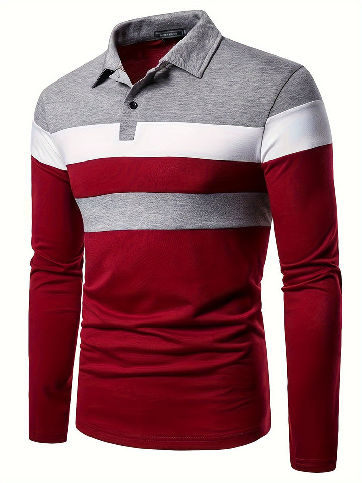 Mature Style Men's Color Block Casual Comfy Long Sleeve Golf Lapel Shirt, Spring Fall
