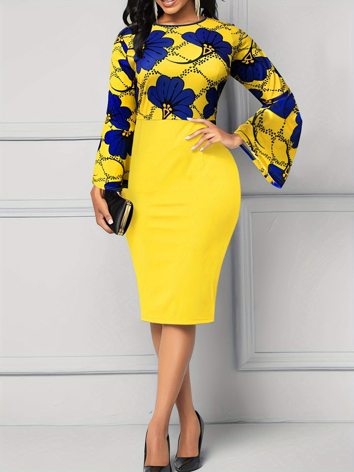 Floral Print Plus Size Dress for Women, Elegant and Slimming Bell Sleeve Design