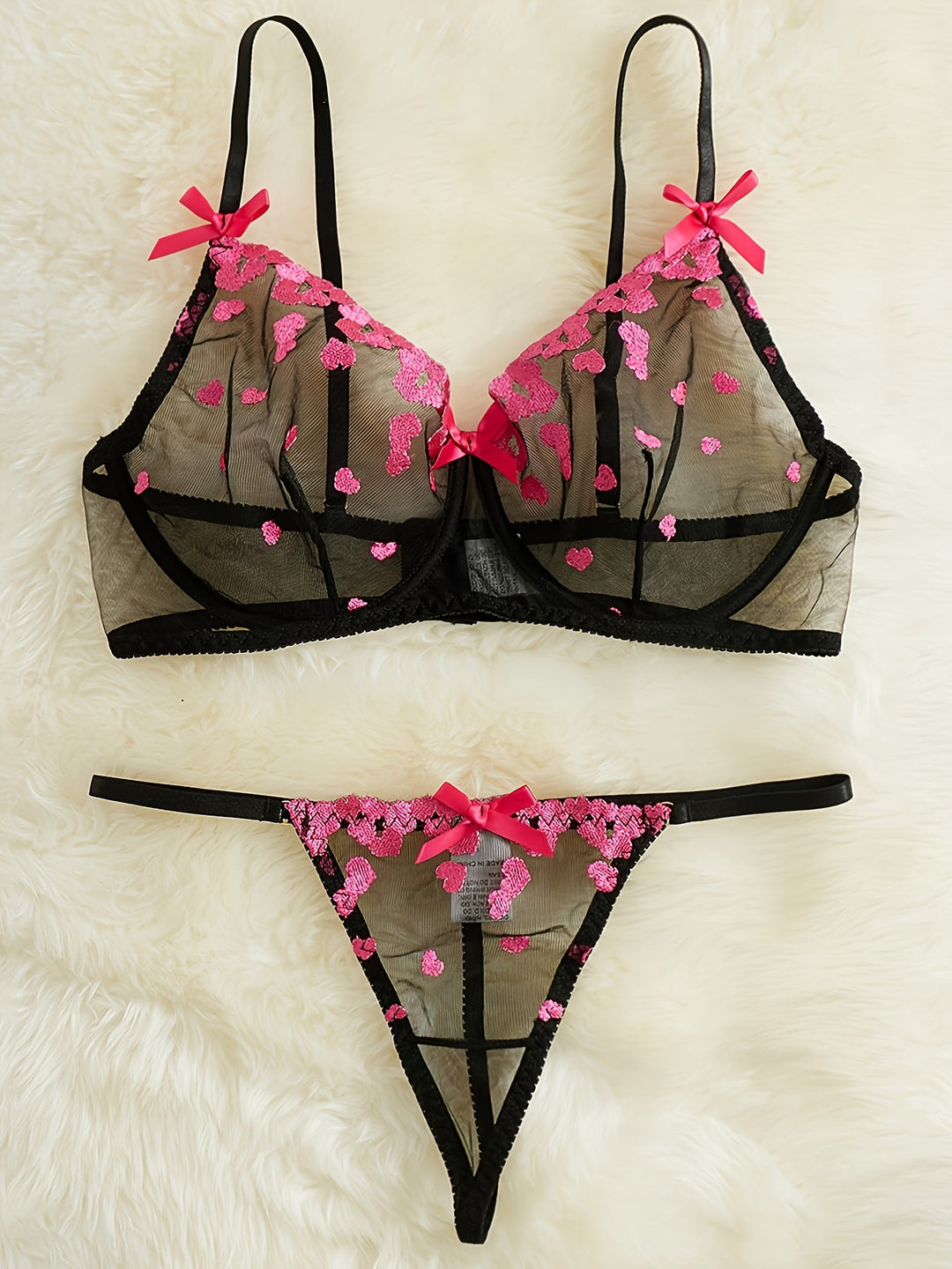 Women's Valentine's Day Sexy Lingerie Set, Plus Size Heart Embroidered Bow Decor Sheer Mesh Bra & Thong Lingerie 2 Piece Set