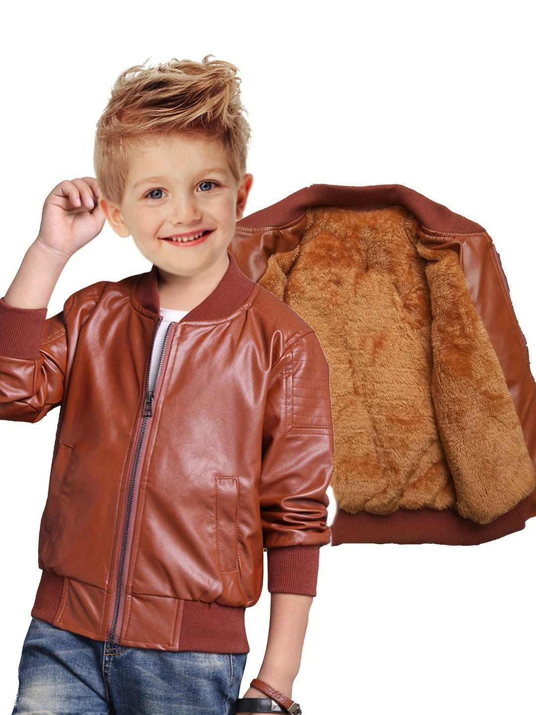 Trendy Boys Plus Fleece Thick Leather Zip Up Jacket With Side Pocket, Fashion Gift For Kids