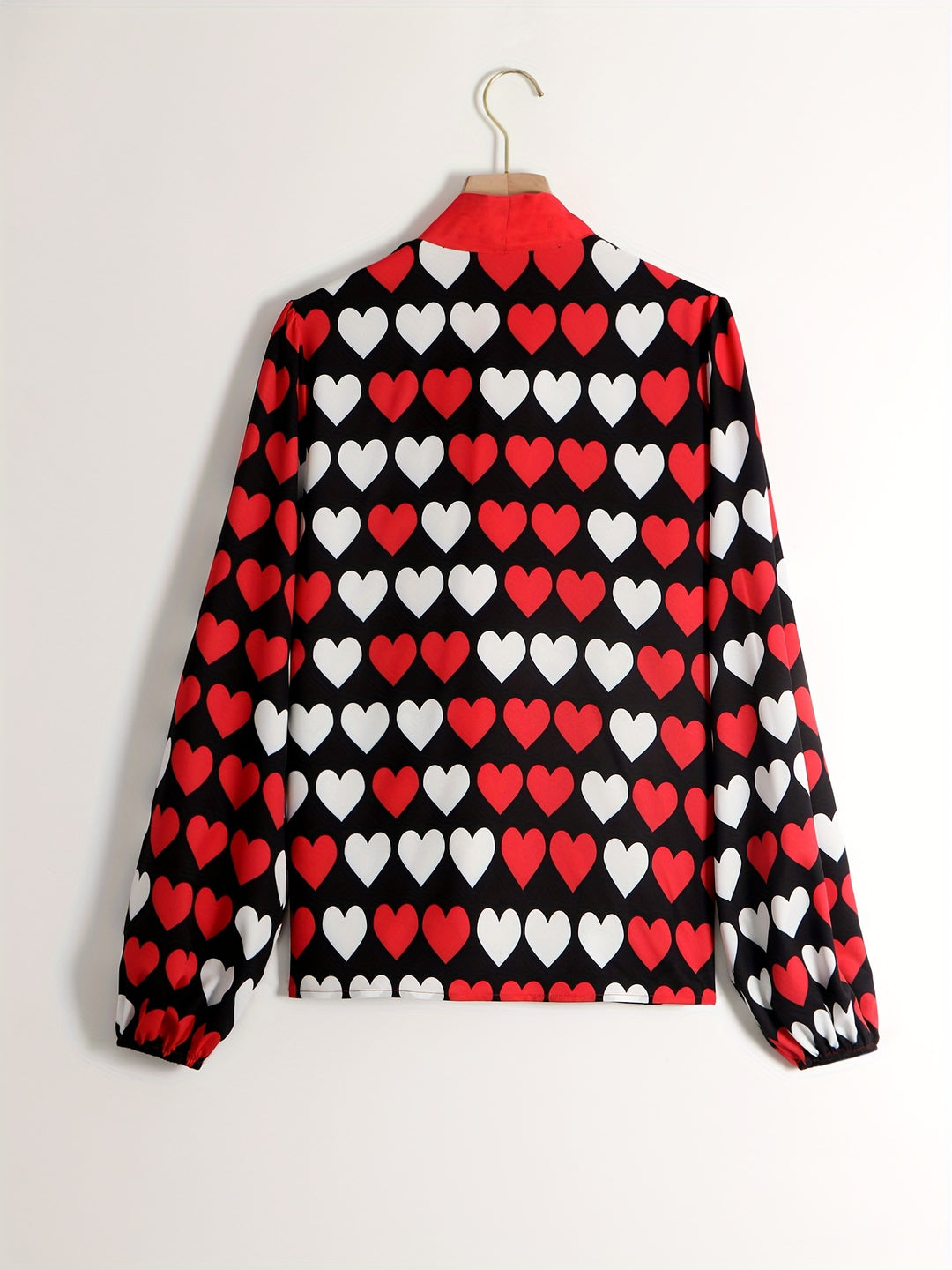 Heart Print Bow Front Blouse, Elegant Long Sleeve Top For Spring & Fall, Women's Clothing