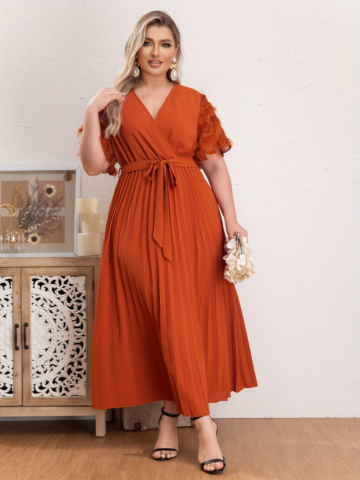 Plus Size Boho Dress, Women's Plus Solid Tassel Decor Butterfly Sleeve Surplice Neck Pleated Maxi Dress With Belt