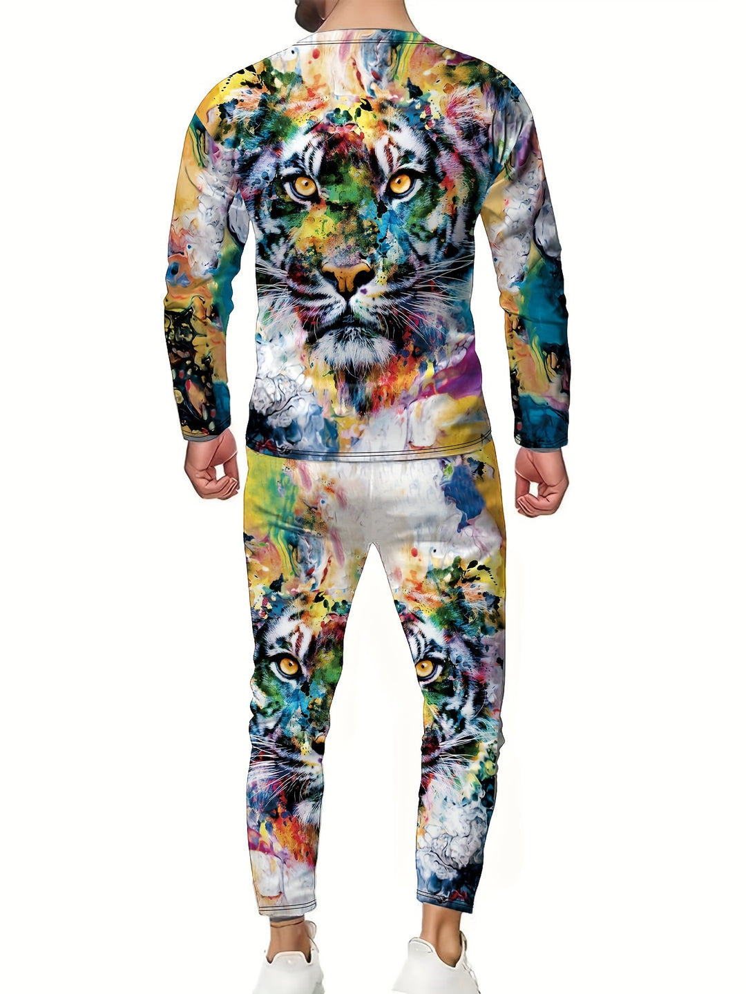 Men's Novelty Pajamas Set, Men's 3D Colorful Tiger Head Print Sweatshirt & Sweatpants Set, Men's Clothing