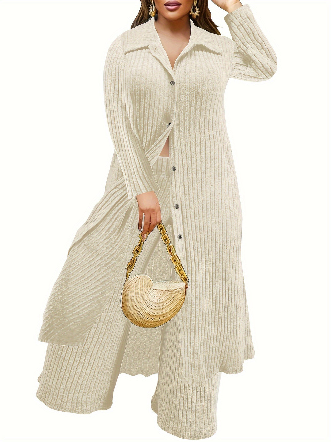 Plus Size Casual Outfits Two Piece Set, Women's Plus Solid Ribbed Button Up Long Sleeve Polo Neck Long Blouse & Wide Leg Pants Outfits 2 Piece Set