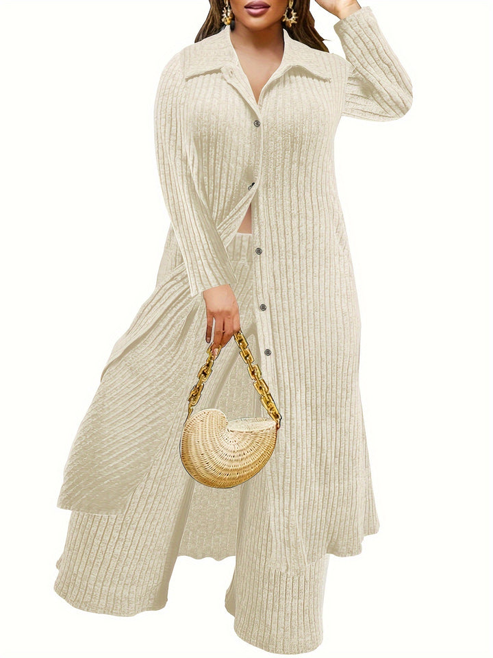 Plus Size Casual Outfits Two Piece Set, Women's Plus Solid Ribbed Button Up Long Sleeve Polo Neck Long Blouse & Wide Leg Pants Outfits 2 Piece Set