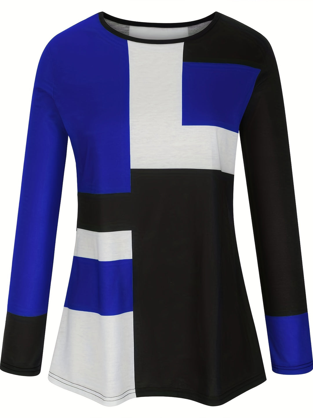 Plus Size Casual T-shirt, Women's Plus Colorblock Long Sleeve Round Neck Medium Stretch Tee