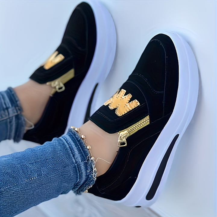 Women's Solid Color Platform Sneakers, Slip On Round Toe Non-slip Side Zipper Low-top Soft Shoes, Outdoor Comfy Shoes
