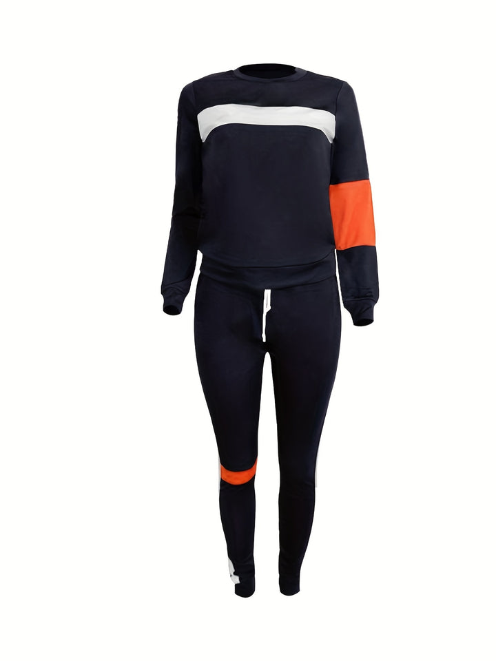 Plus Size Strip Pattern Shirt & Pants Set, Women's Casual Round Neck Slight Stretch 2pcs Set