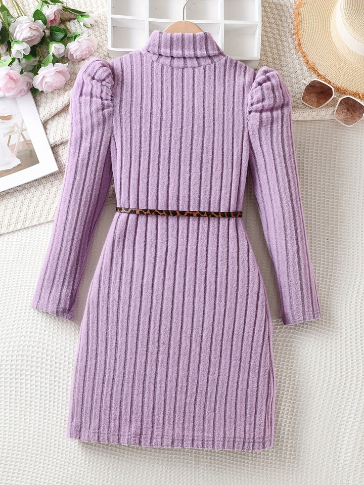 Elegant Ribbed Knit Dress With Belt, Girls, High Neck Long Sleeve Dresses For Autumn / Winter, Gift, Party, Girls' Clothing