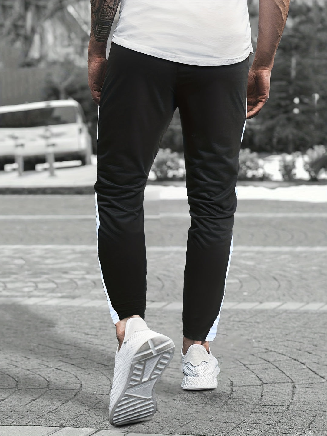 Chic Side-Striped Joggers, Men's Casual Waist Drawstring Sports Pants Sweatpants