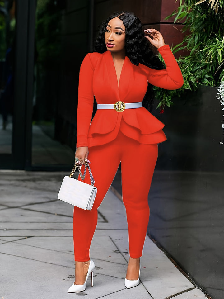 Solid Deep V Neck Long Sleeve Ruffled Hem Tunic Pantsuits, Long Length Bodycon Street Pantsuits, Women's Clothing