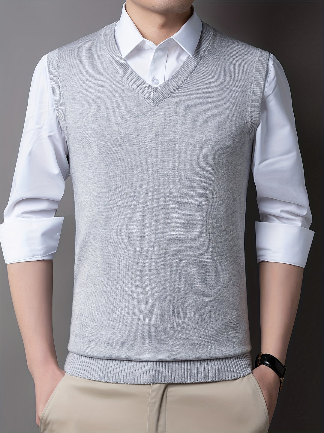 Casual Knitted Pullover, V-neck Sleeveless Thermal Jacket, Wool Vest, Men's Tank Top  For Autumn And Winter