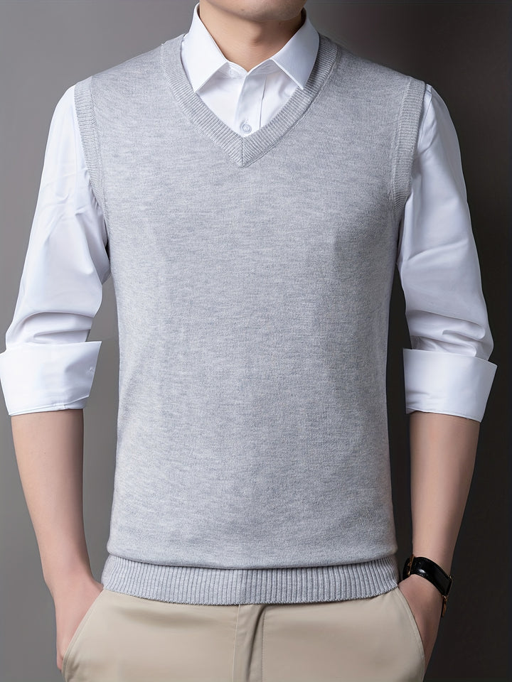 Casual Knitted Pullover, V-neck Sleeveless Thermal Jacket, Wool Vest, Men's Tank Top  For Autumn And Winter