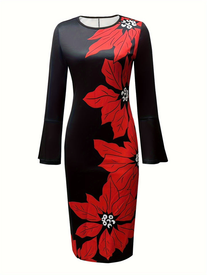 Elegant Floral Print Dress with Flare Sleeves and Crew Neck, Perfect for Any Occasion