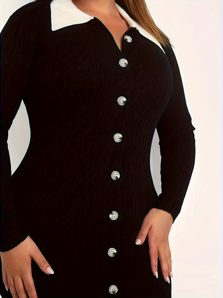 Plus Size Colorblock Button Front Dress, Casual Collared Long Sleeve Midi Dress, Women's Plus Size Clothing