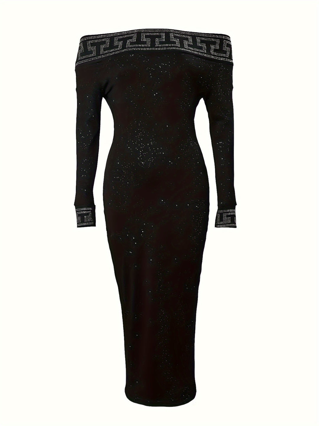 Elegant Plus Size Rhinestone Dress with Geometric Pattern, Perfect for Spring and Fall